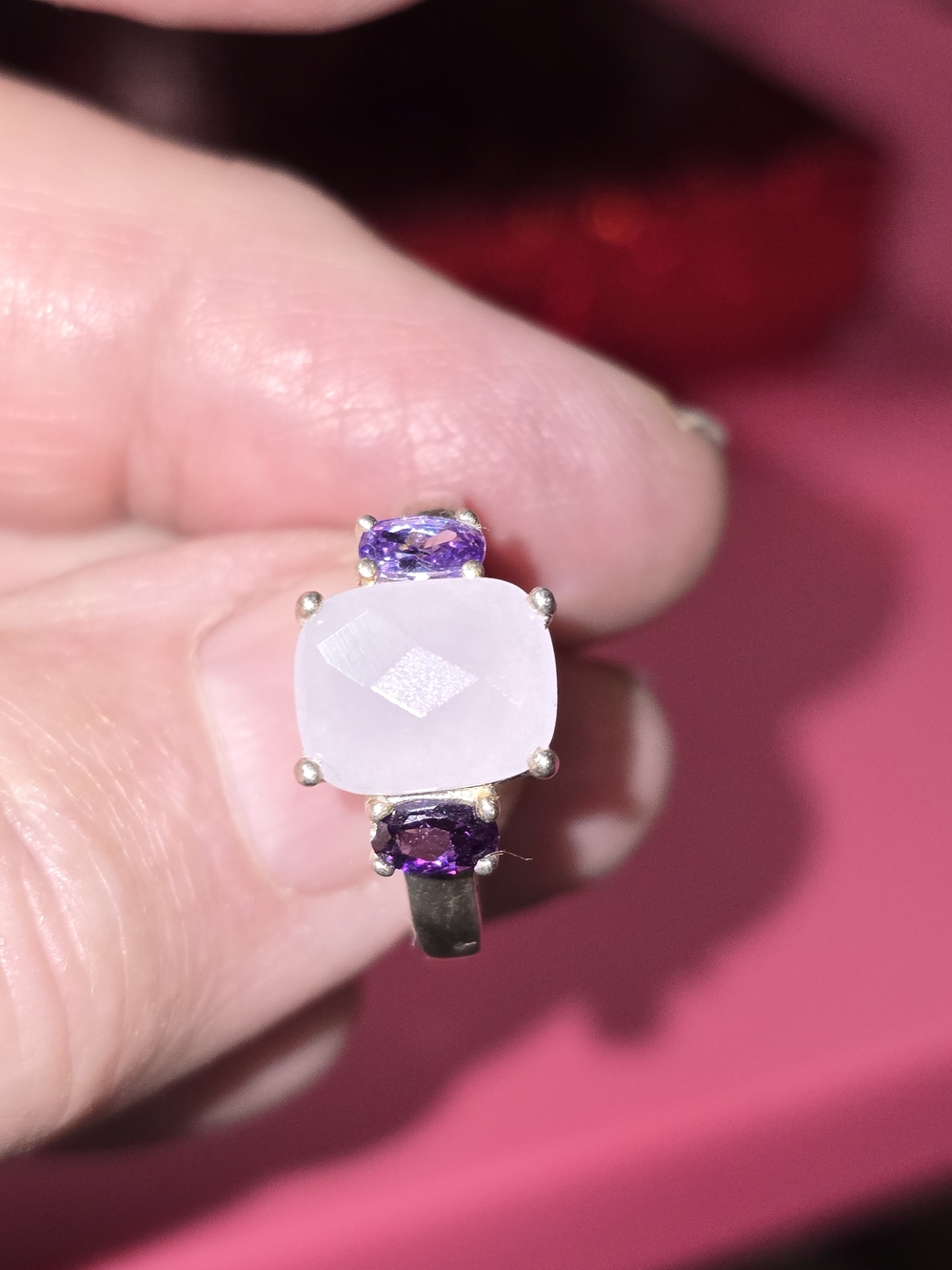 Sterling Silver Lavender Chalcedony & Amethyst Three-Stone Ring Size 7 - Picture 6 of 9